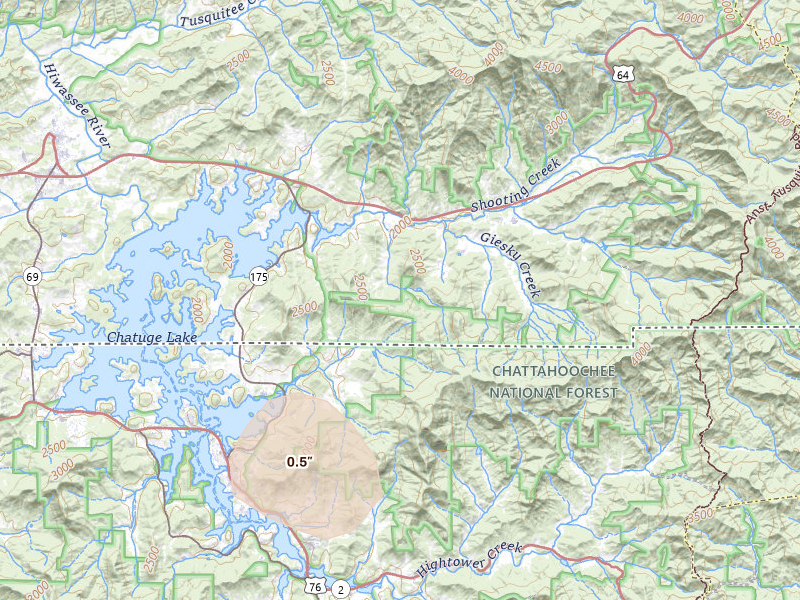 Radar-estimated hail-size map of the storm over Hayesville, NC on Aug 17, 2026