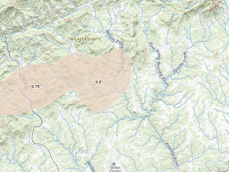 Radar-estimated hail-size map of the storm over Hays, NC on Jun 18, 2026