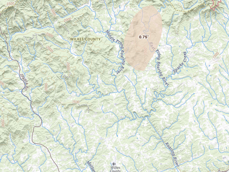 Radar-estimated hail-size map of the storm over Hays, NC on Jul 4, 2026