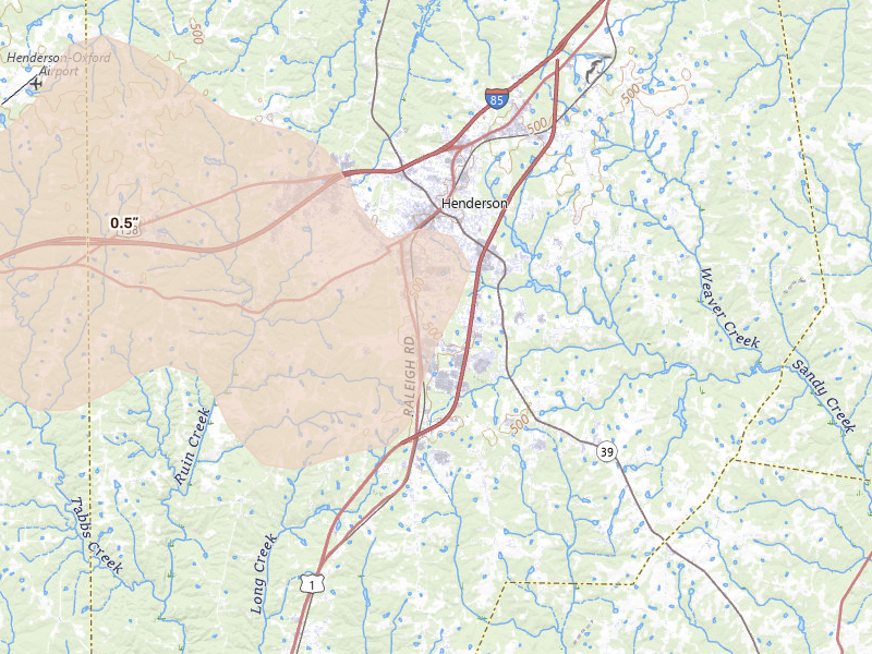 Radar-estimated hail-size map of the storm over Henderson, NC on Apr 29, 2026