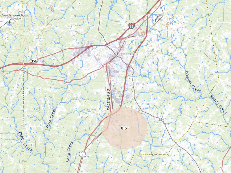 Radar-estimated hail-size map of the storm over Henderson, NC on Jun 27, 2026