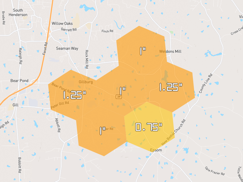 Hail map of Henderson, NC on Jun 27, 2026, hail up to 1.25"