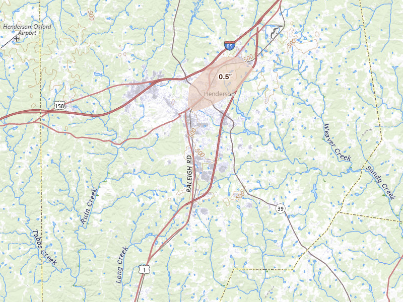 Radar-estimated hail-size map of the storm over Henderson, NC on Jul 6, 2026