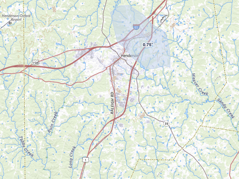 NEXRAD radar-signature map of the hail storm over Henderson, NC on Jul 6, 2026