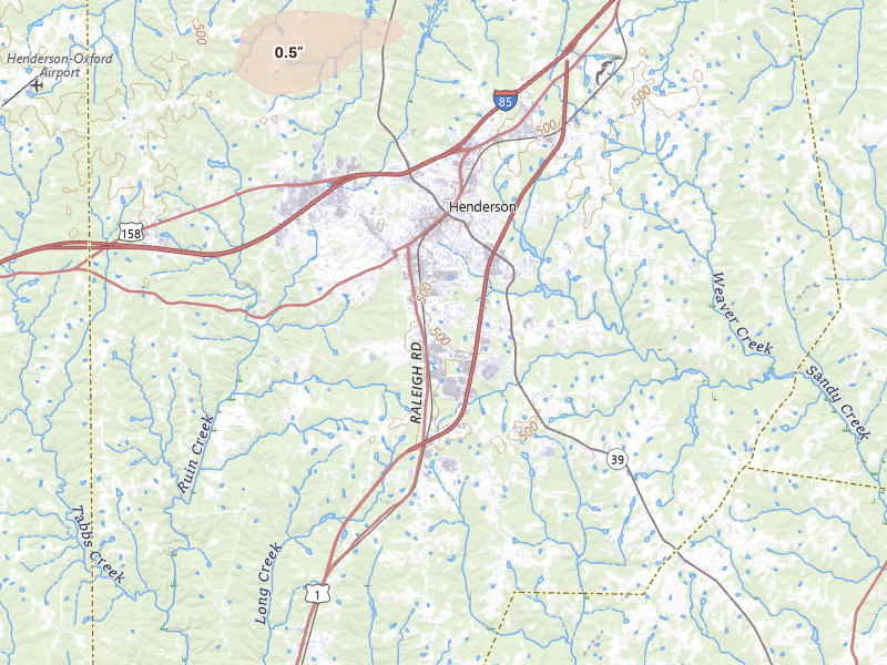 Radar-estimated hail-size map of the storm over Henderson, NC on Jul 18, 2026