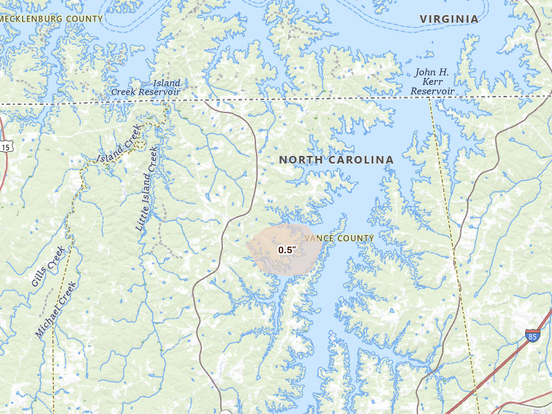 Radar-estimated hail-size map of the storm over Henderson, NC on Aug 8, 2026