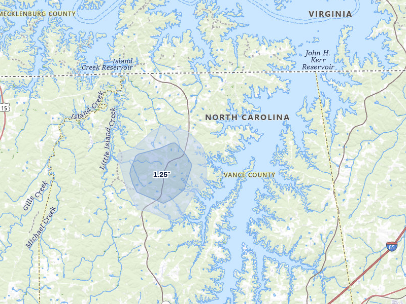 NEXRAD radar-signature map of the hail storm over Henderson, NC on Aug 8, 2026