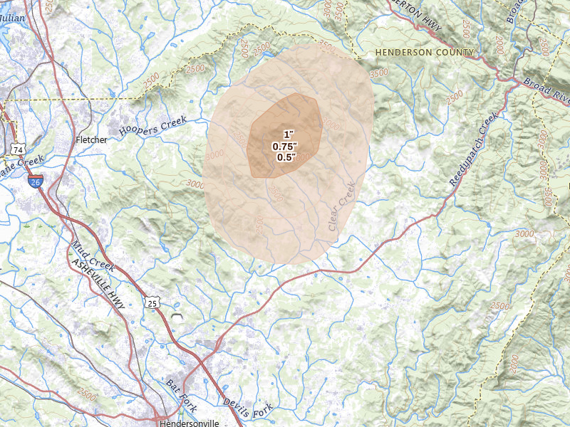 Radar-estimated hail-size map of the storm over Hendersonville, NC on Jun 29, 2026