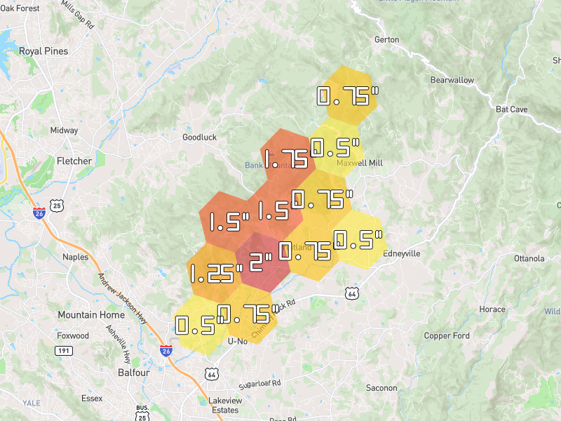 Hail map of Hendersonville, NC on Jun 29, 2026, hail up to 2"