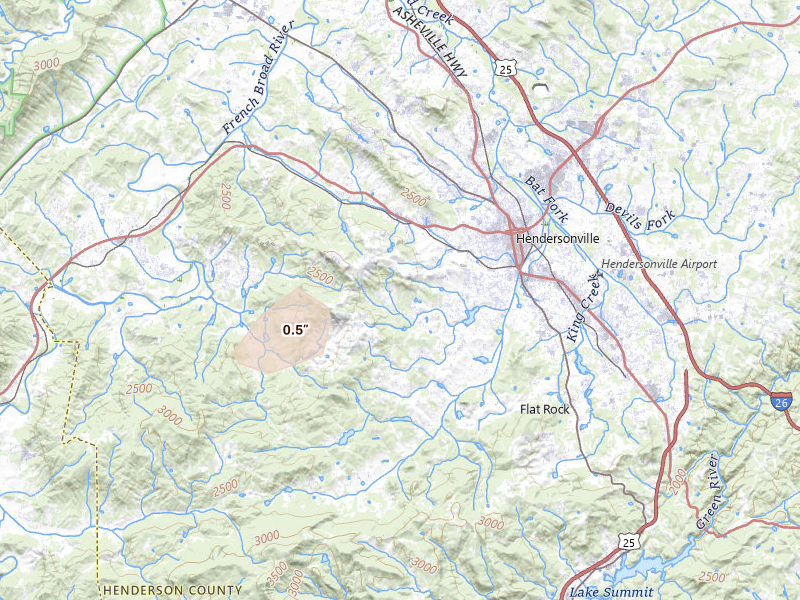 Radar-estimated hail-size map of the storm over Hendersonville, NC on Aug 11, 2026