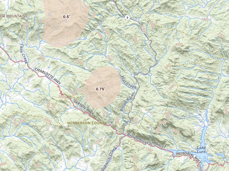 Radar-estimated hail-size map of the storm over Hendersonville, NC on Aug 17, 2026