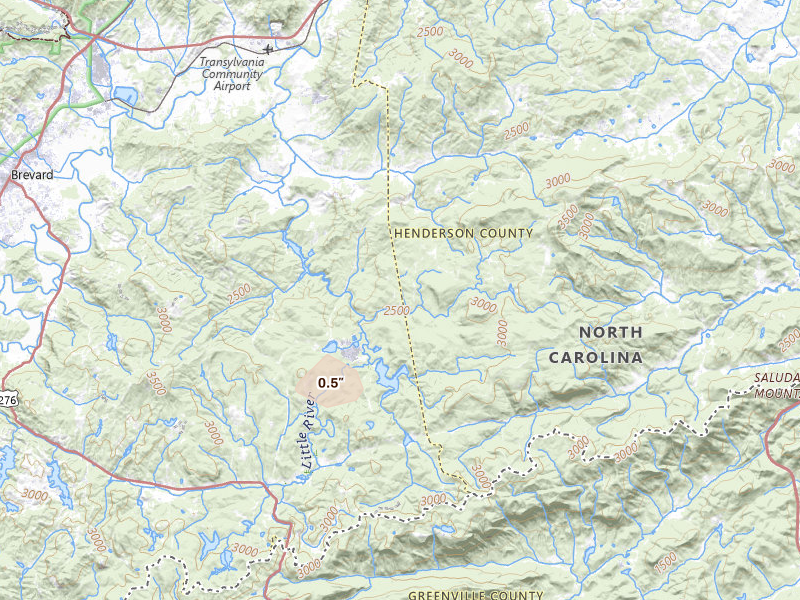 Radar-estimated hail-size map of the storm over Hendersonville, NC on Aug 22, 2026