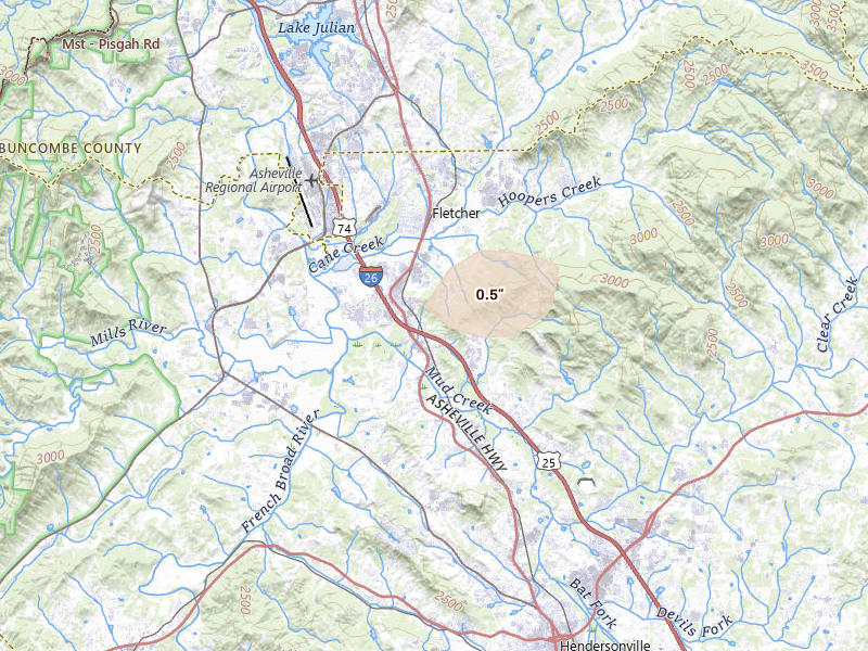 Radar-estimated hail-size map of the storm over Hendersonville, NC on Aug 28, 2026