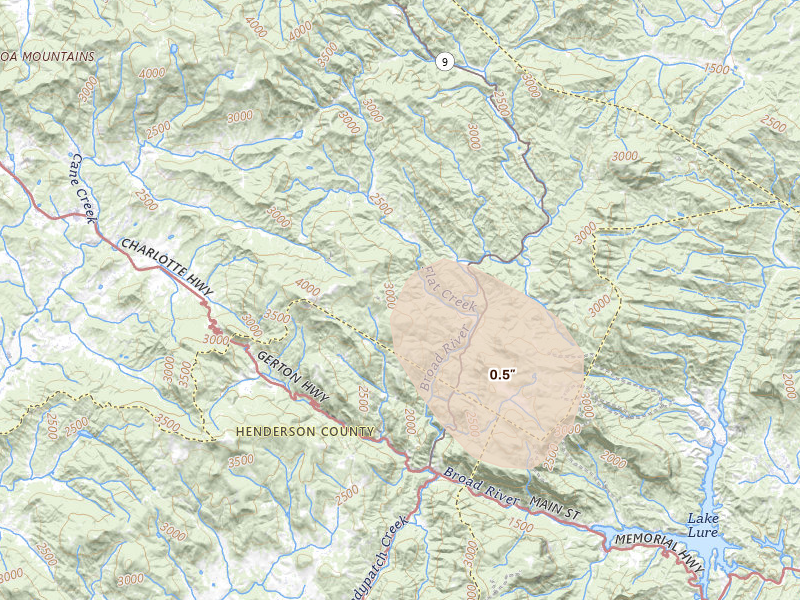 Radar-estimated hail-size map of the storm over Hendersonville, NC on Sep 5, 2026