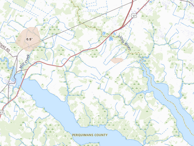 Radar-estimated hail-size map of the storm over Hertford, NC on Jun 12, 2026