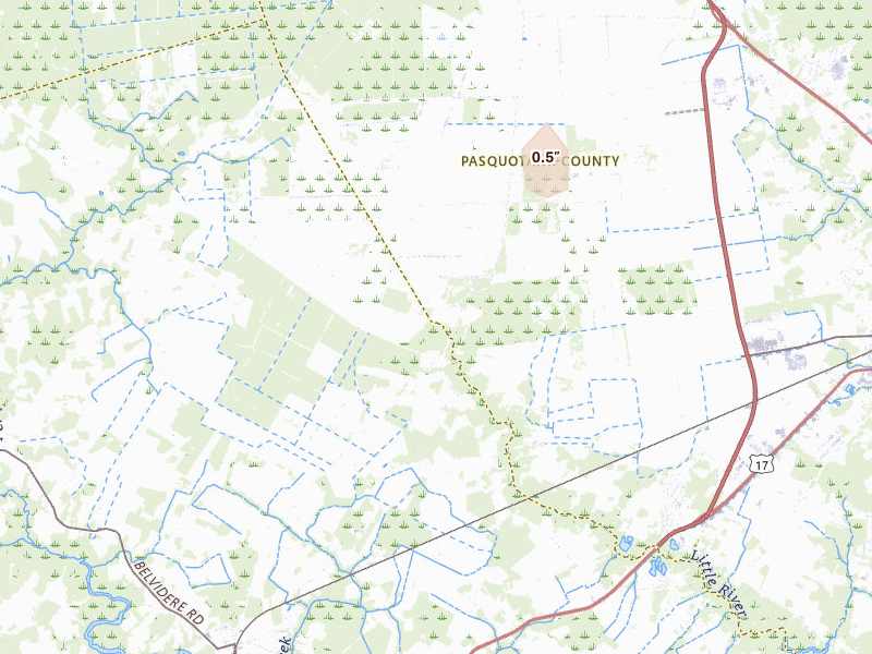 Radar-estimated hail-size map of the storm over Hertford, NC on Jul 17, 2026