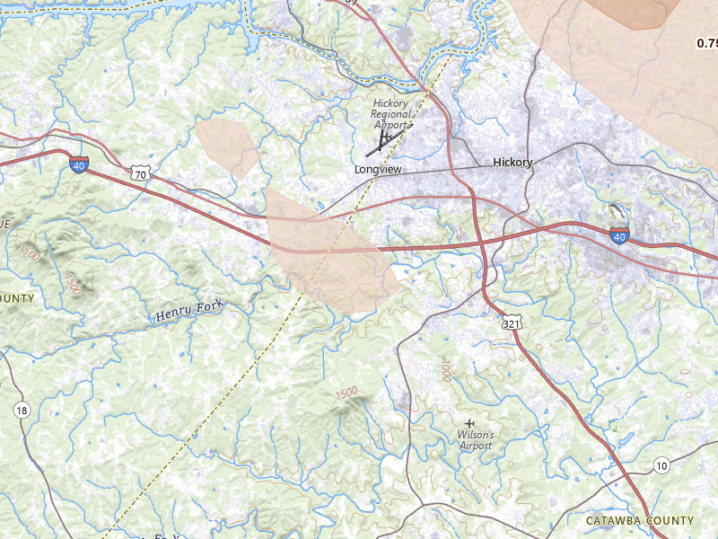Radar-estimated hail-size map of the storm over Hickory, NC on Jul 28, 2026
