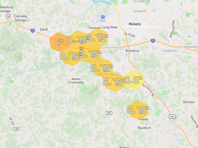 Hail map of Hickory, NC on Jul 28, 2026, hail up to 1"