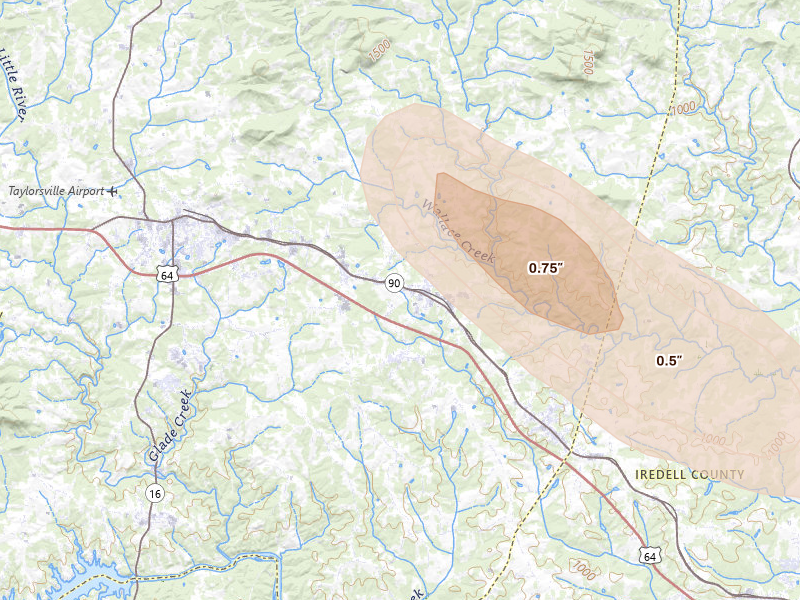 Radar-estimated hail-size map of the storm over Hiddenite, NC on Jul 28, 2026