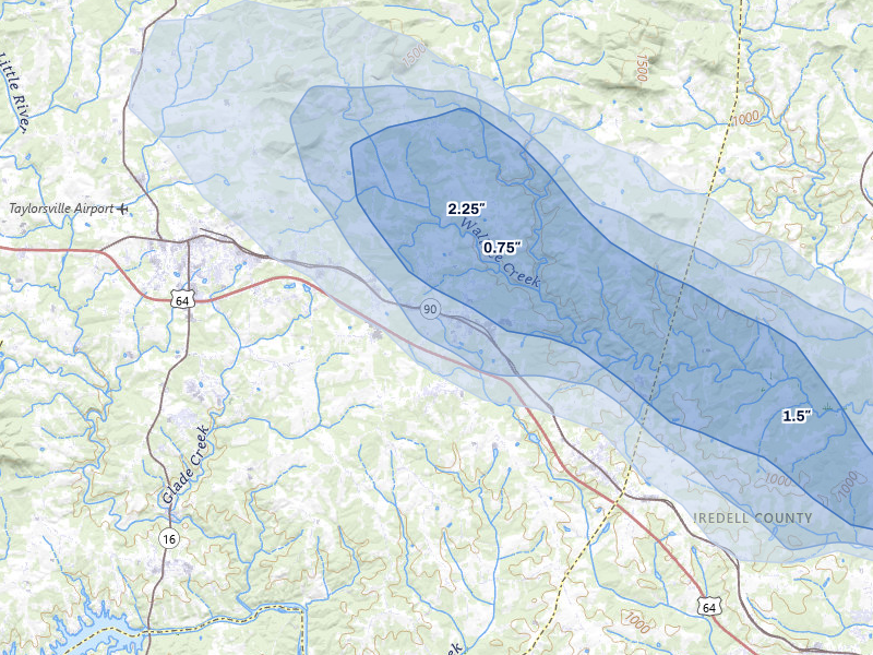 NEXRAD radar-signature map of the hail over Hiddenite, NC
