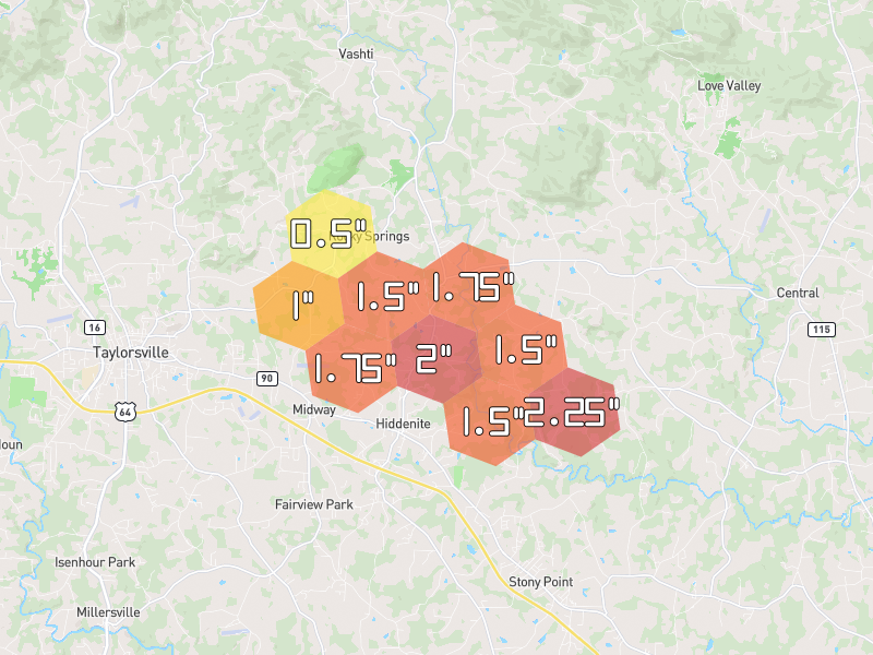 Hail map of Hiddenite, NC on Jul 28, 2026, hail up to 2.25"