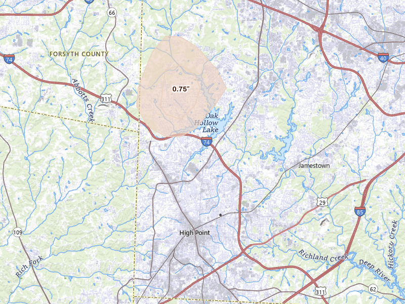 Radar-estimated hail-size map of the storm over High Point, NC on Jun 22, 2026