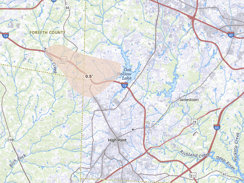 Radar-estimated hail-size map of the storm over High Point, NC on Aug 11, 2026