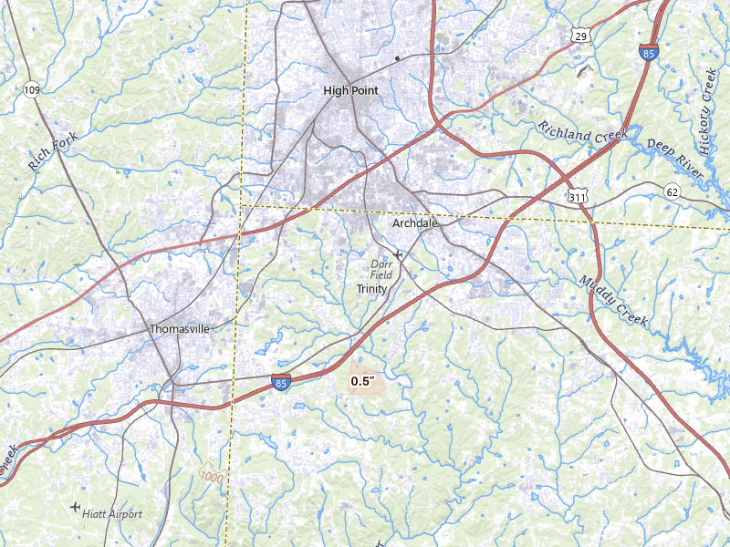 Radar-estimated hail-size map of the storm over High Point, NC on Aug 28, 2026