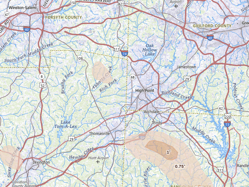 Radar-estimated hail-size map of the storm over High Point, NC
