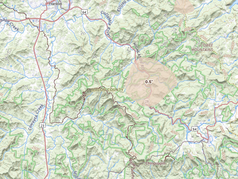 Radar-estimated hail-size map of the storm over Highlands, NC on Jul 1, 2026
