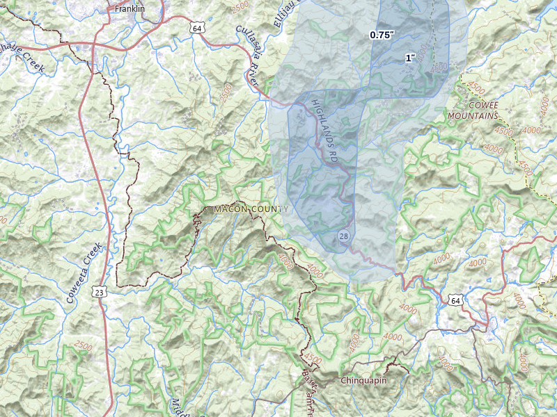 NEXRAD radar-signature map of the hail over Highlands, NC