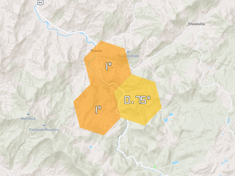 Hail map of Highlands, NC on Jul 1, 2026, hail up to 1"