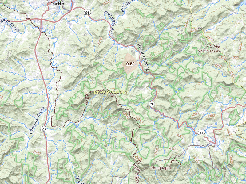 Radar-estimated hail-size map of the storm over Highlands, NC on Jul 2, 2026