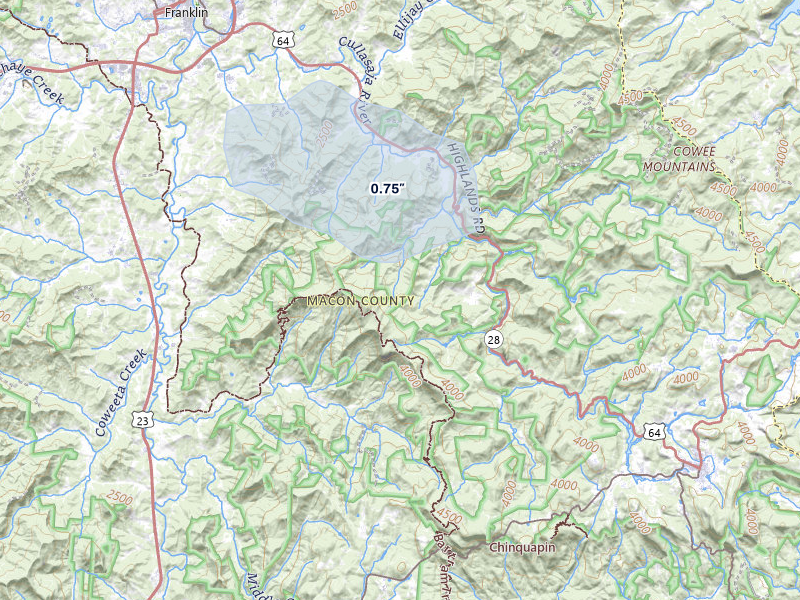 NEXRAD radar-signature map of the hail over Highlands, NC