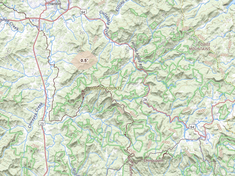 Radar-estimated hail-size map of the storm over Highlands, NC on Jul 3, 2026