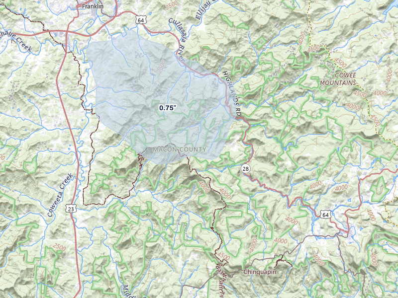 NEXRAD radar-signature map of the hail over Highlands, NC