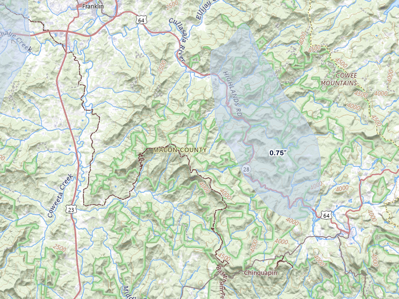 NEXRAD radar-signature map of the hail over Highlands, NC