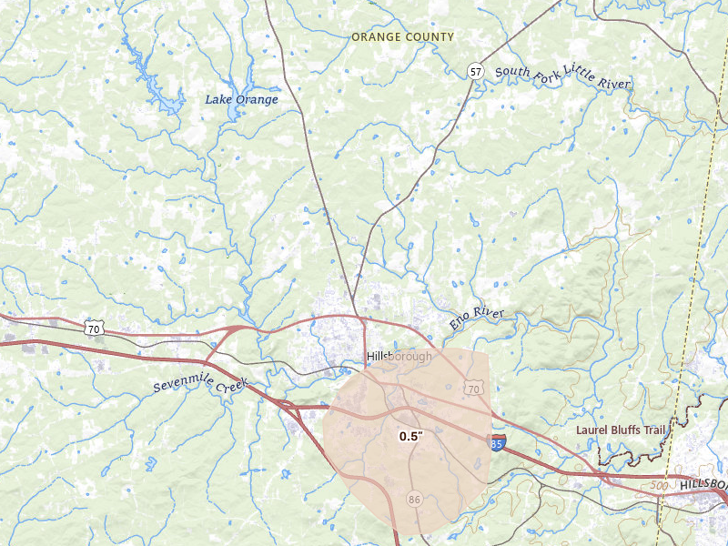 Radar-estimated hail-size map of the storm over Hillsborough, NC on Aug 21, 2026