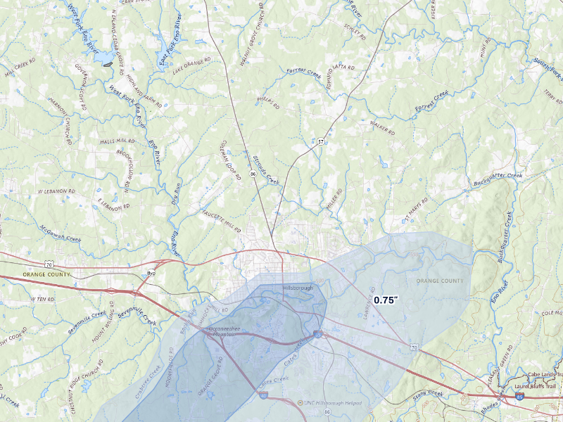 NEXRAD radar-signature map of the hail storm over Hillsborough, NC on Aug 21, 2026