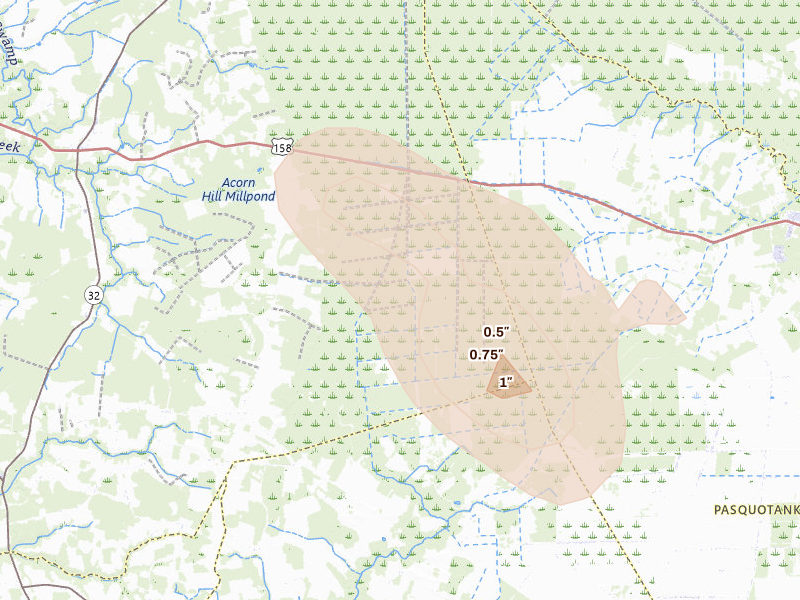 Radar-estimated hail-size map of the storm over Hobbsville, NC on Sep 4, 2026