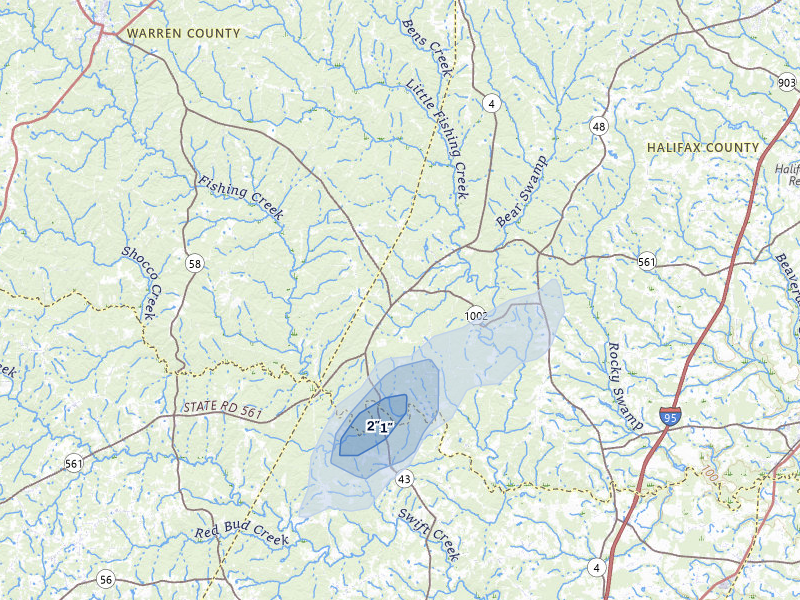 NEXRAD radar-signature map of the hail over Hollister, NC