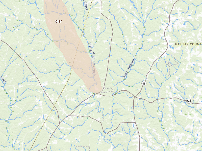 Radar-estimated hail-size map of the storm over Hollister, NC