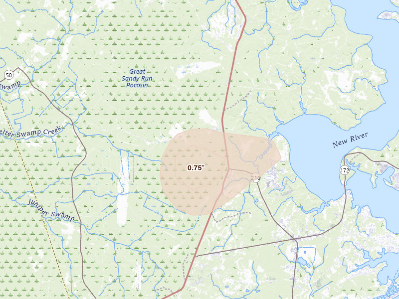 Radar-estimated hail-size map of the storm over Holly Ridge, NC on Aug 10, 2026