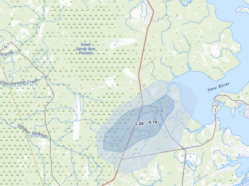 NEXRAD radar-signature map of the hail storm over Holly Ridge, NC on Aug 10, 2026