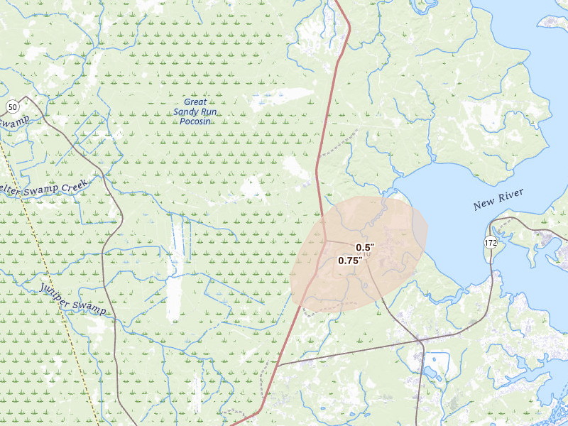 Radar-estimated hail-size map of the storm over Holly Ridge, NC on Aug 21, 2026