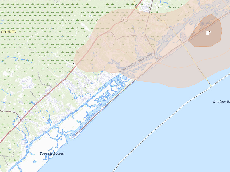 Radar-estimated hail-size map of the storm over Holly Ridge, NC on Aug 24, 2026