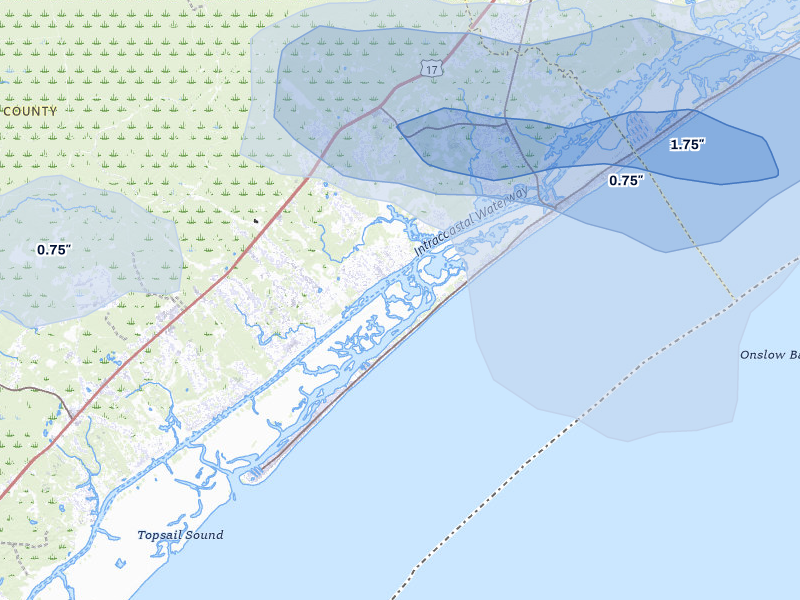 NEXRAD radar-signature map of the hail storm over Holly Ridge, NC on Aug 24, 2026