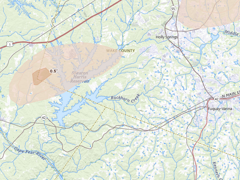 Radar-estimated hail-size map of the storm over Holly Springs, NC on Jul 8, 2026