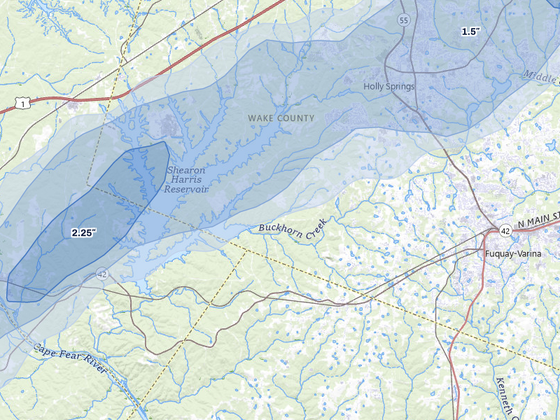 NEXRAD radar-signature map of the hail storm over Holly Springs, NC on Jul 8, 2026