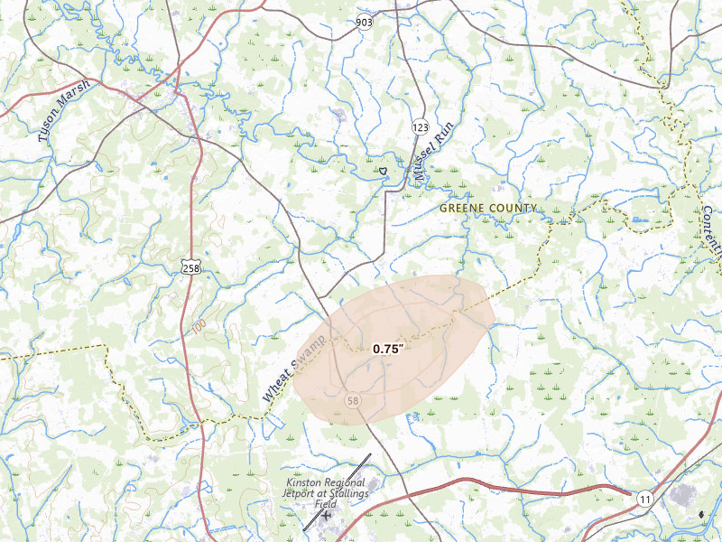 Radar-estimated hail-size map of the storm over Hookerton, NC on Jul 6, 2026